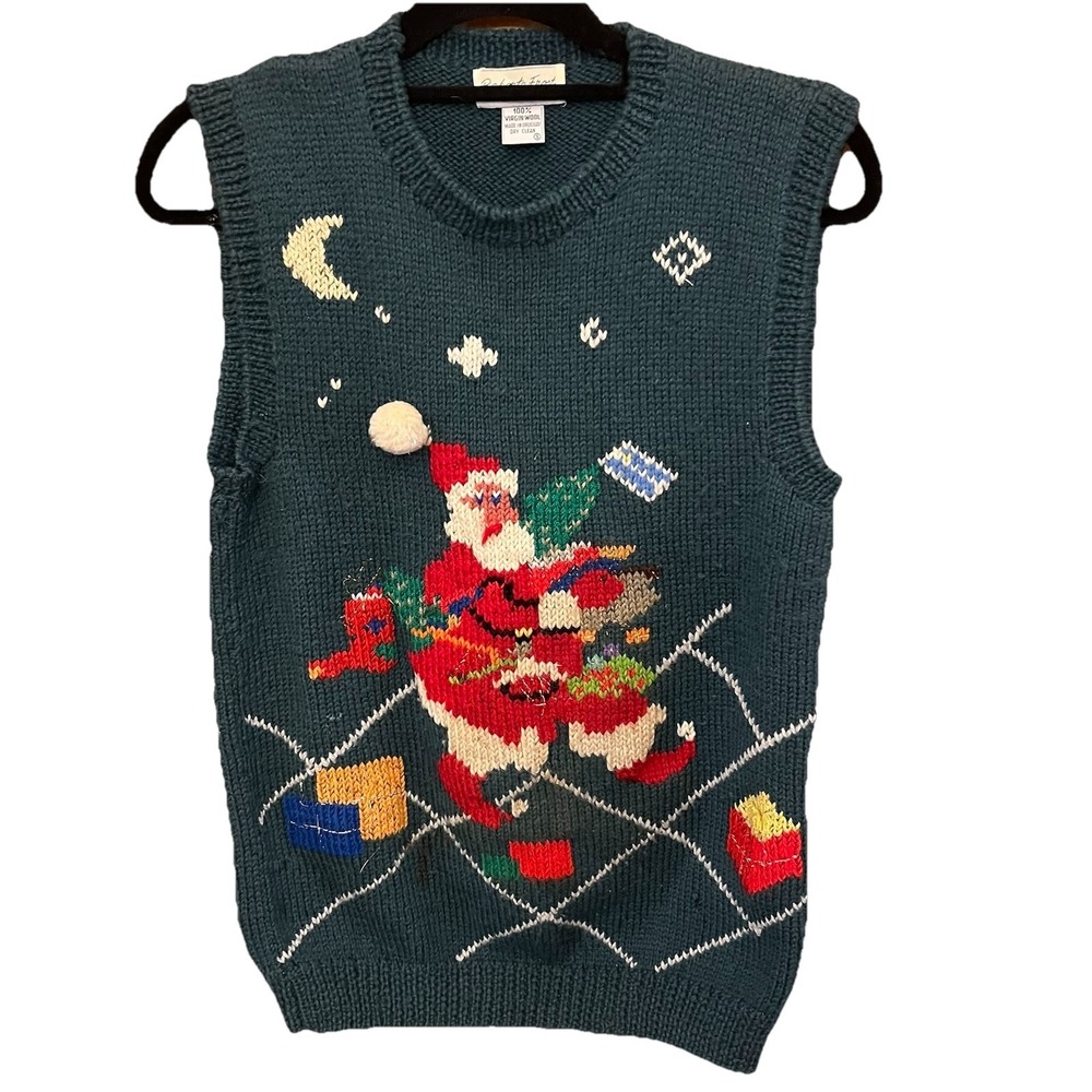 Roberta Frost Hand-Knitted Wool Vest Sz S Christmas With Gold Thread  Vintage